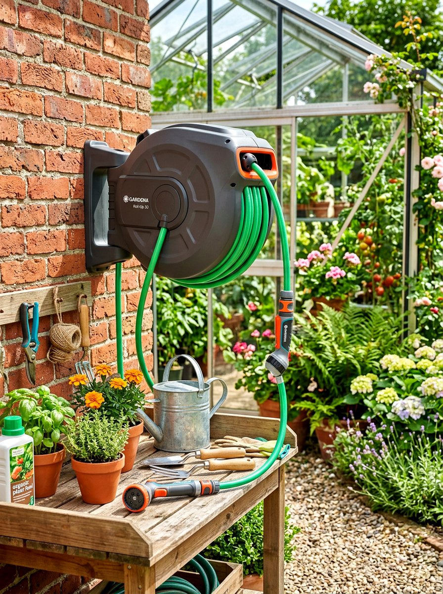 Greenhouse Hose Reel Station - 30 greenhouse watering setup ideas