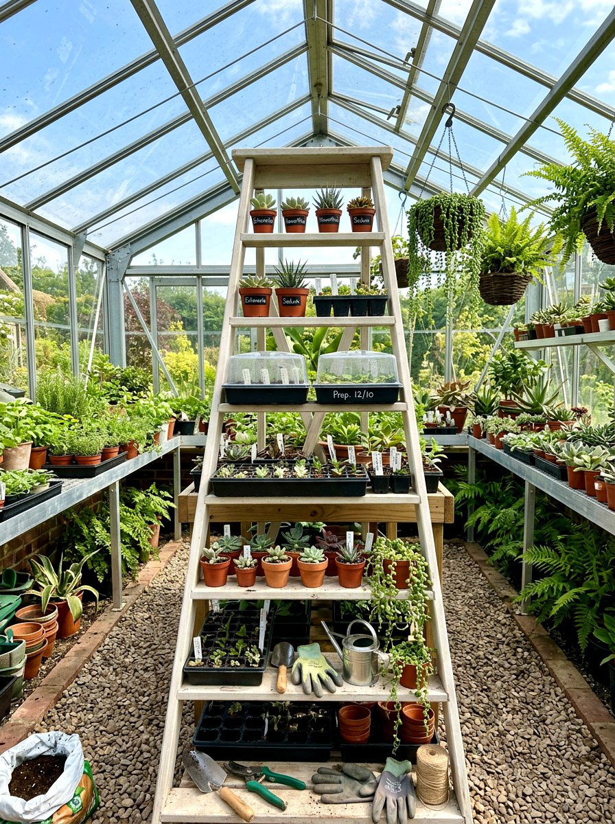 Greenhouse Ladder Stand - 30 repurposed ladder garden ideas