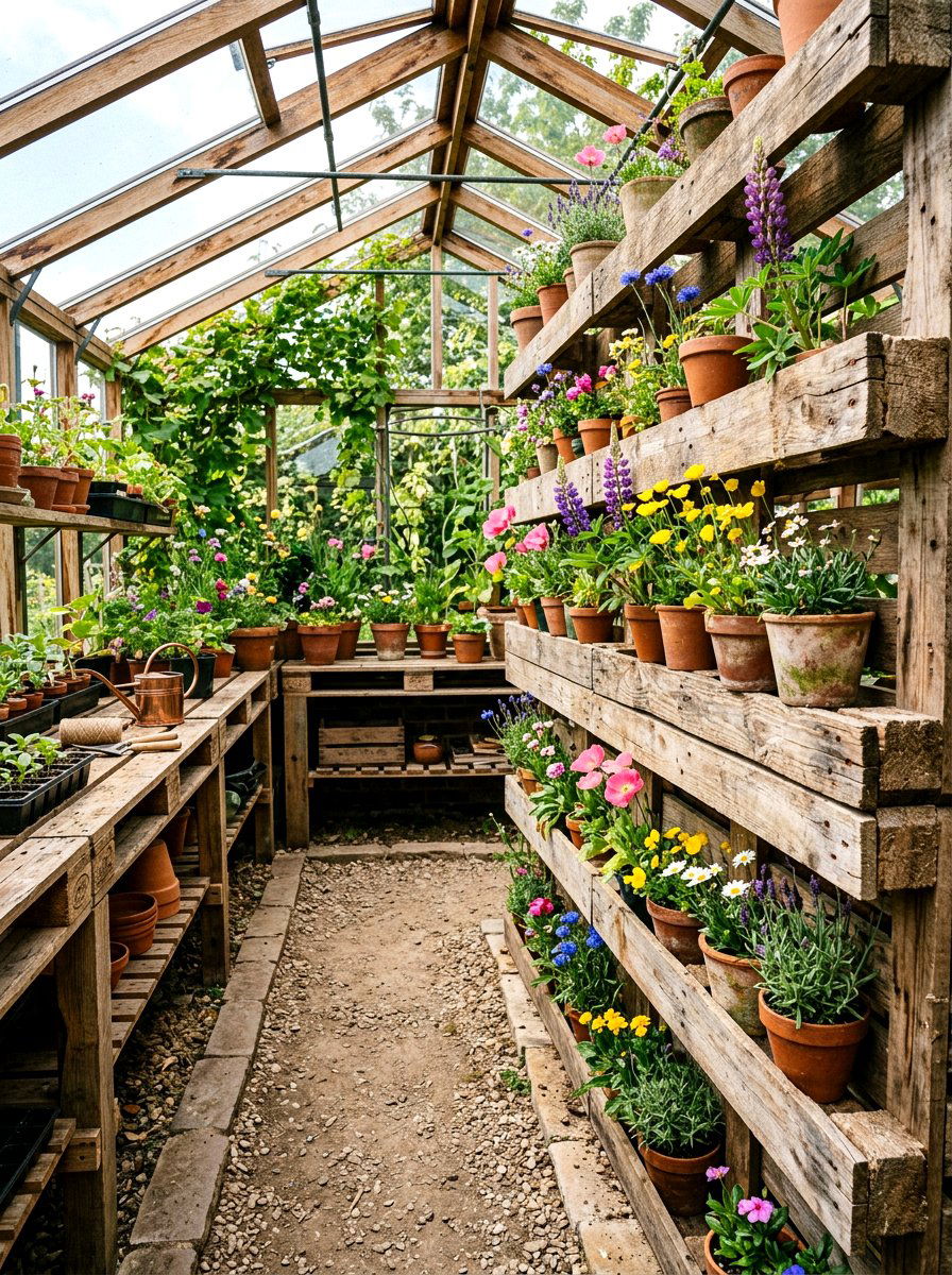 Greenhouse Pallet Shelving - 30 greenhouse shelving layout ideas