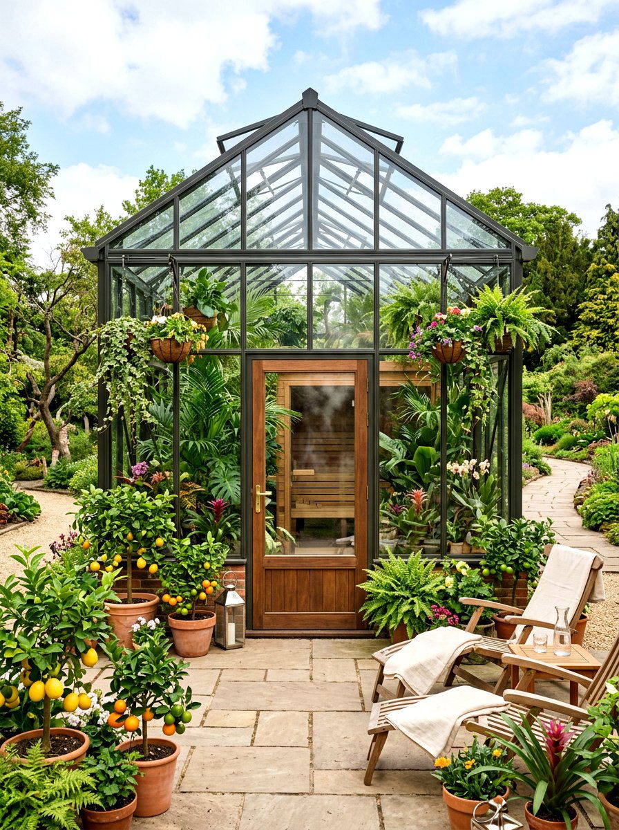 Greenhouse Plant Filled Sauna - 30 sauna patio retreat ideas