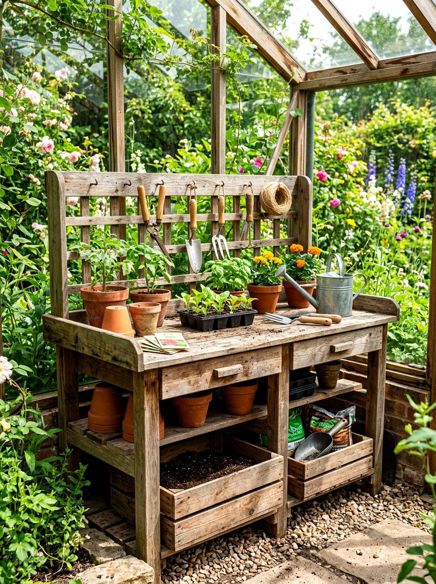 Greenhouse Potting Bench - 30 greenhouse corner ideas