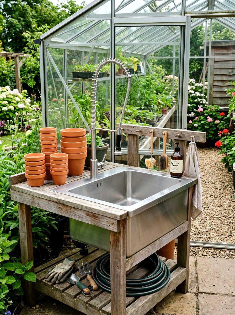 Greenhouse Potting Sink - 30 greenhouse corner ideas