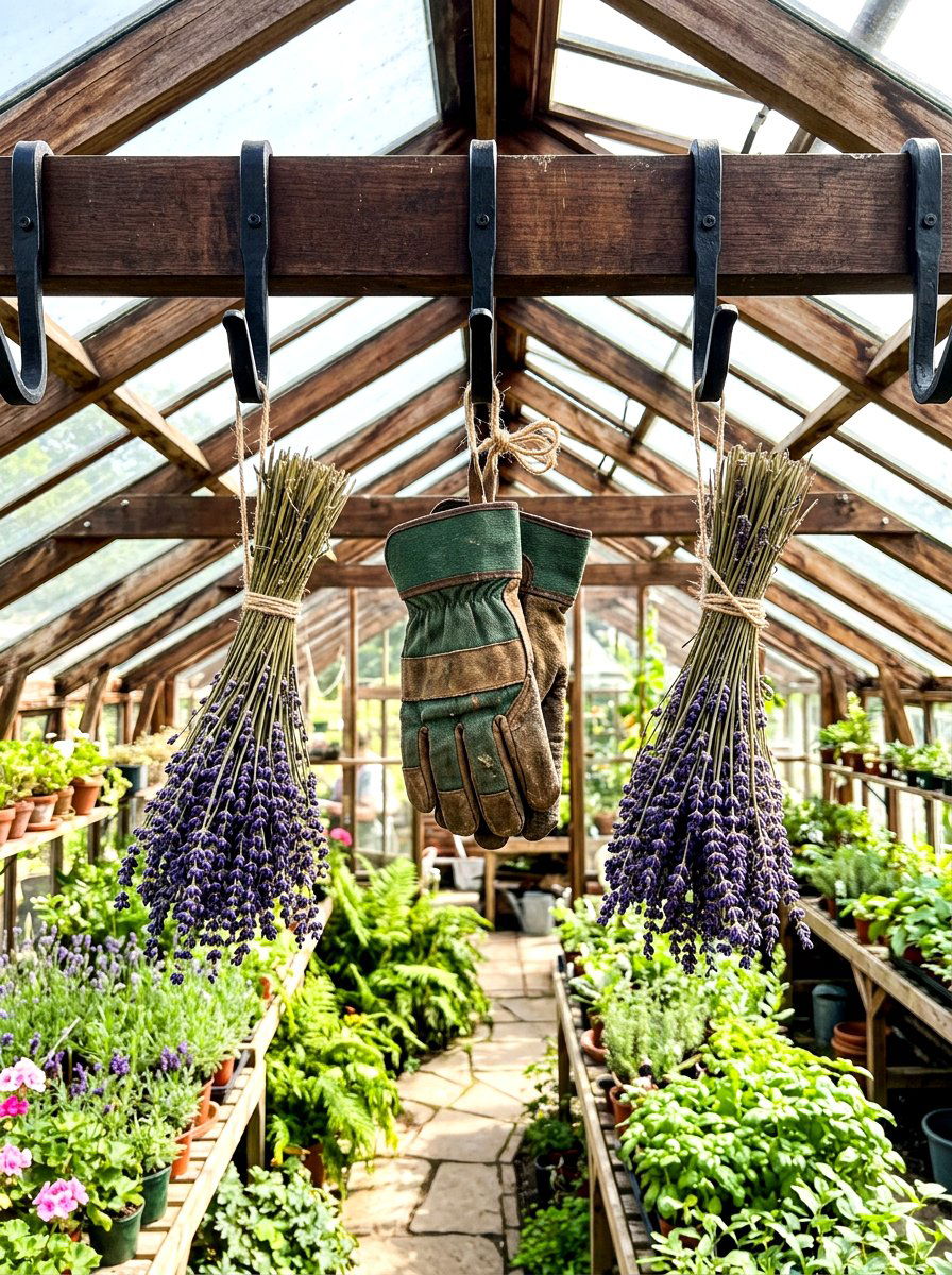 Greenhouse Rafter Hooks - 30 greenhouse potting area ideas