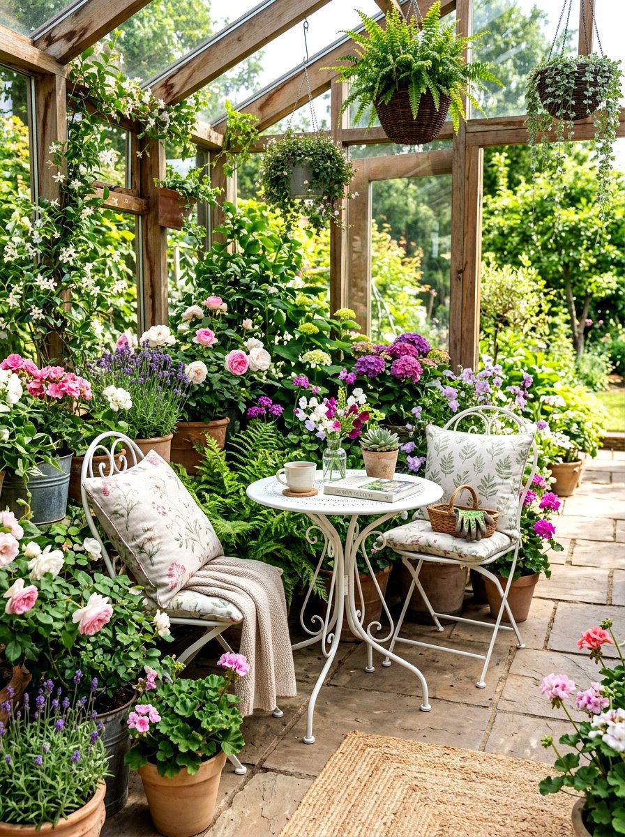 Greenhouse Seating Nook - 30 greenhouse potting area ideas