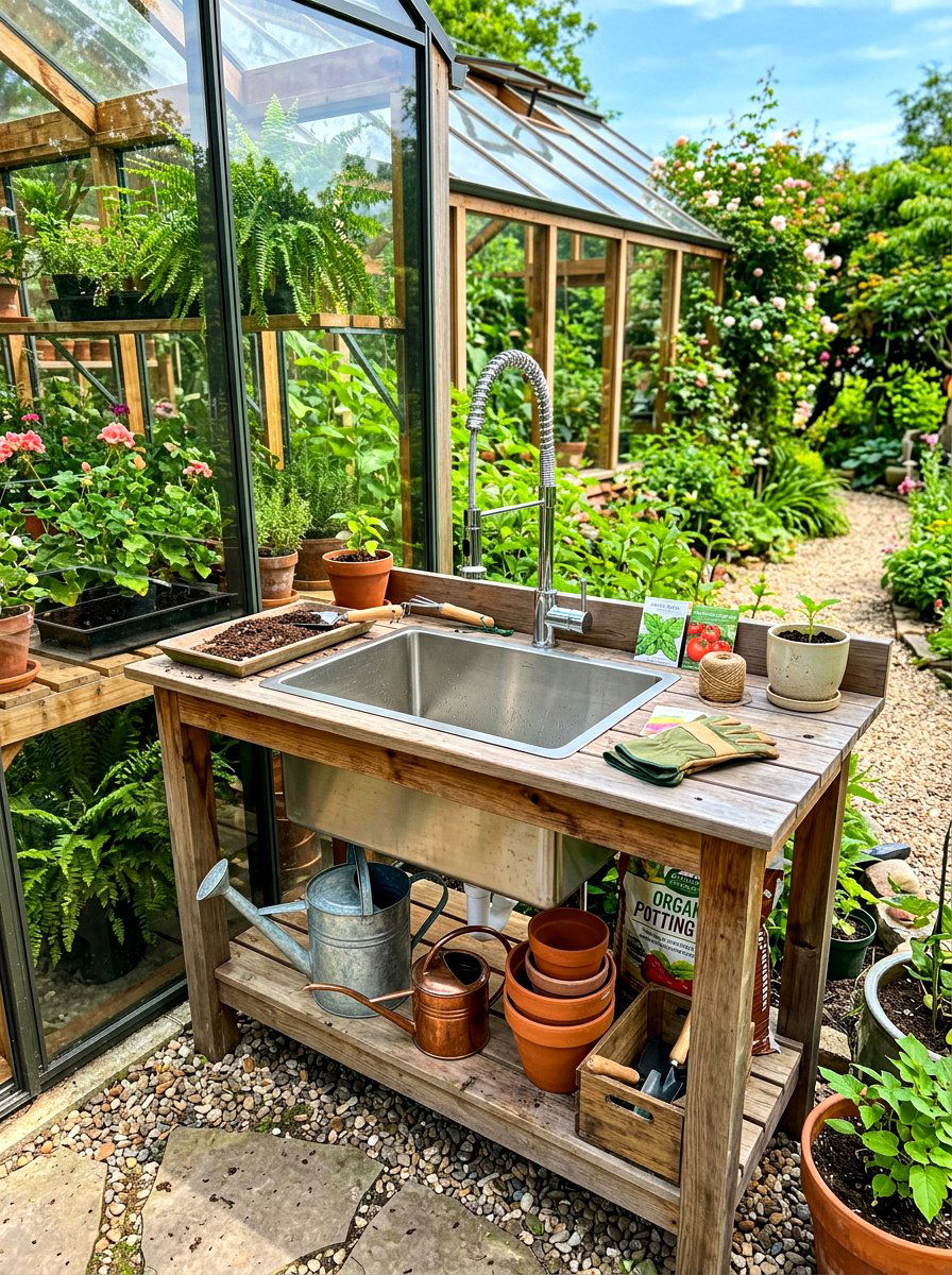 Greenhouse Sink Potting Station - 30 greenhouse watering setup ideas