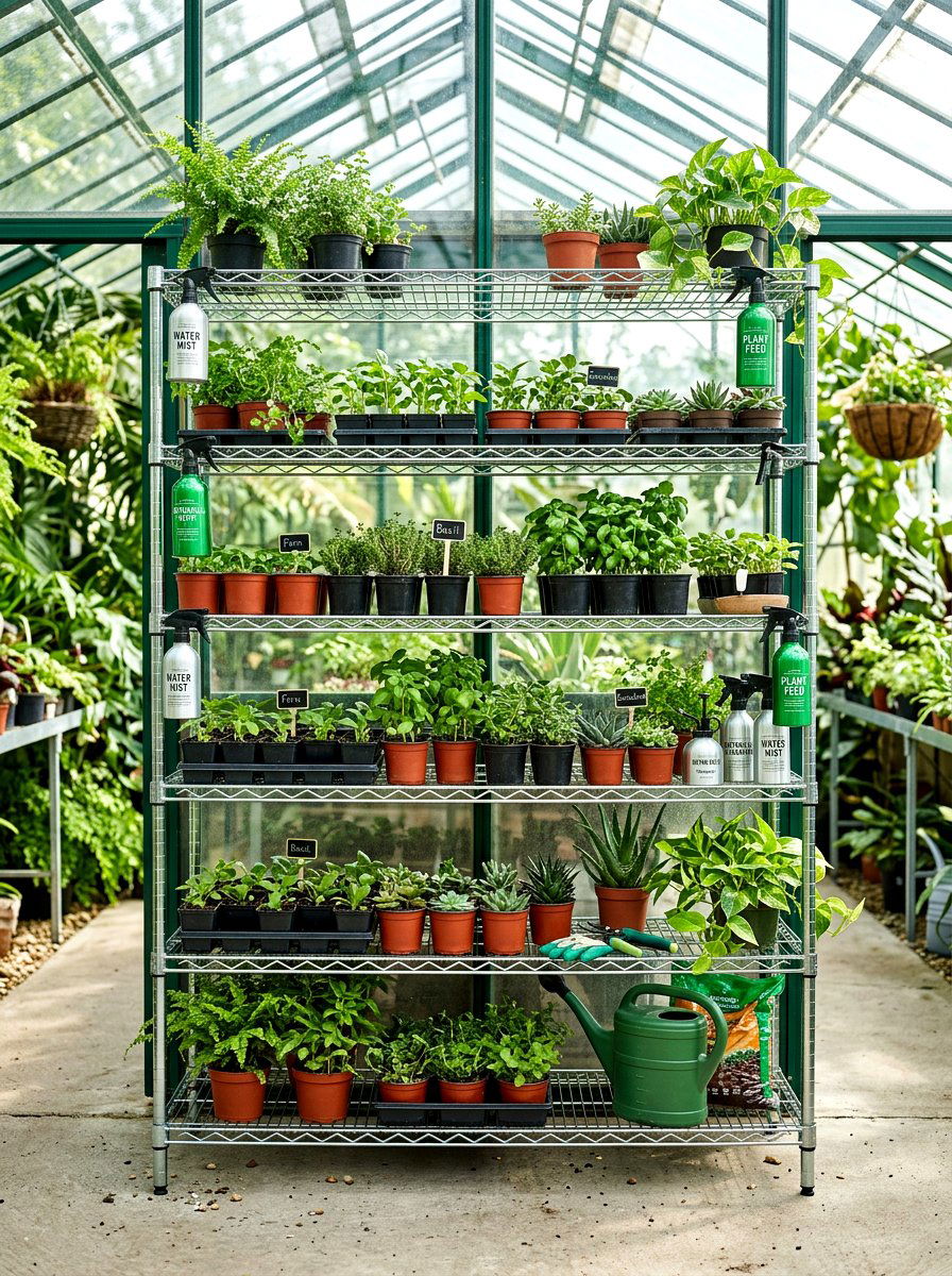 Greenhouse Storage Shelf - 30 garden tool organizer ideas