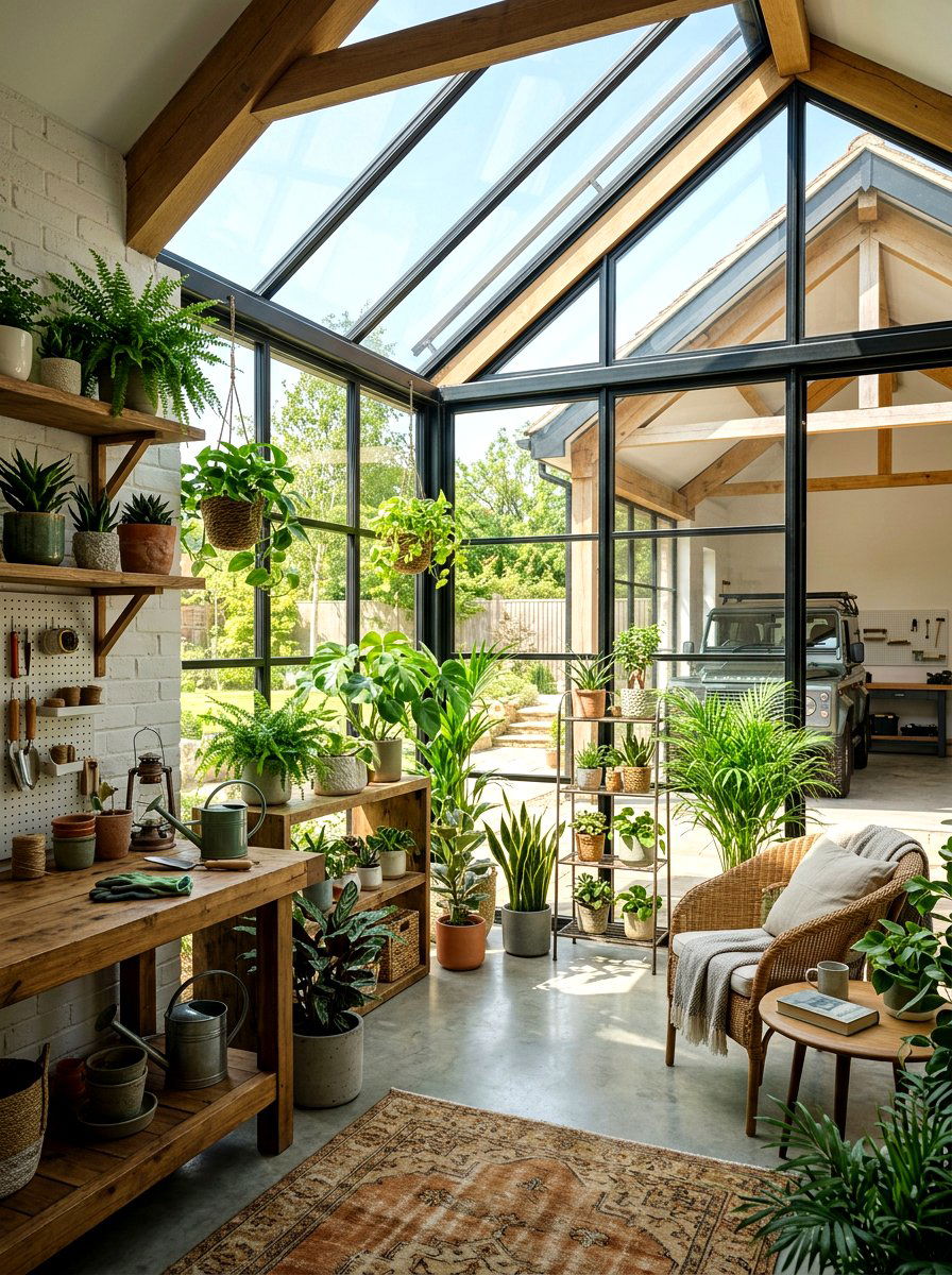 Greenhouse Style Garage Corner - 30 garage gardening station ideas