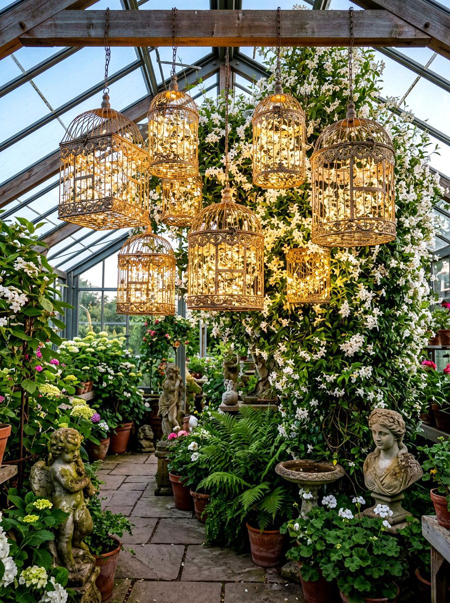 Greenhouse birdcage lights - 30 greenhouse lighting ideas