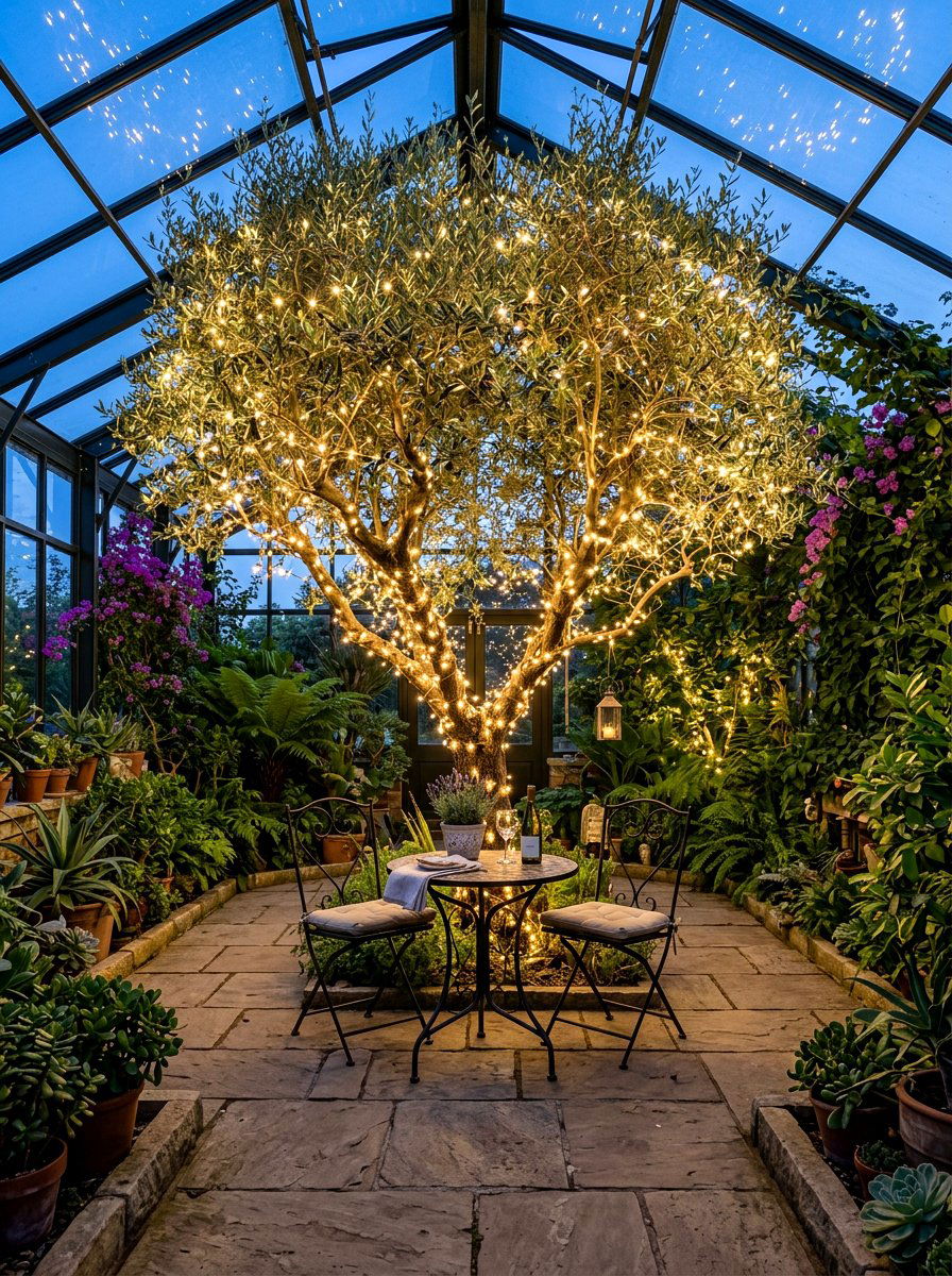 Greenhouse copper fairy lights - 30 greenhouse lighting ideas