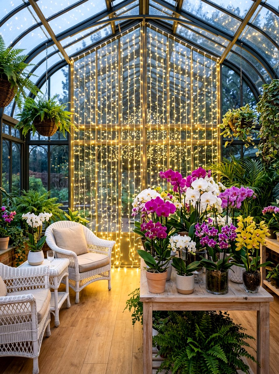 Greenhouse fairy light curtains - 30 greenhouse lighting ideas