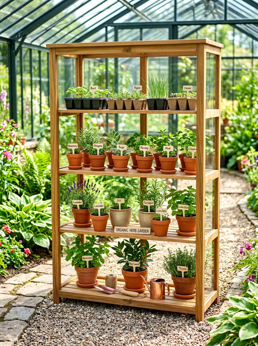 Greenhouse herb garden shelf - 30 backyard herb garden ideas