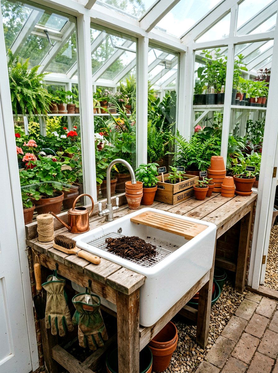 Greenhouse interior potting sink - 30 outdoor sink station ideas