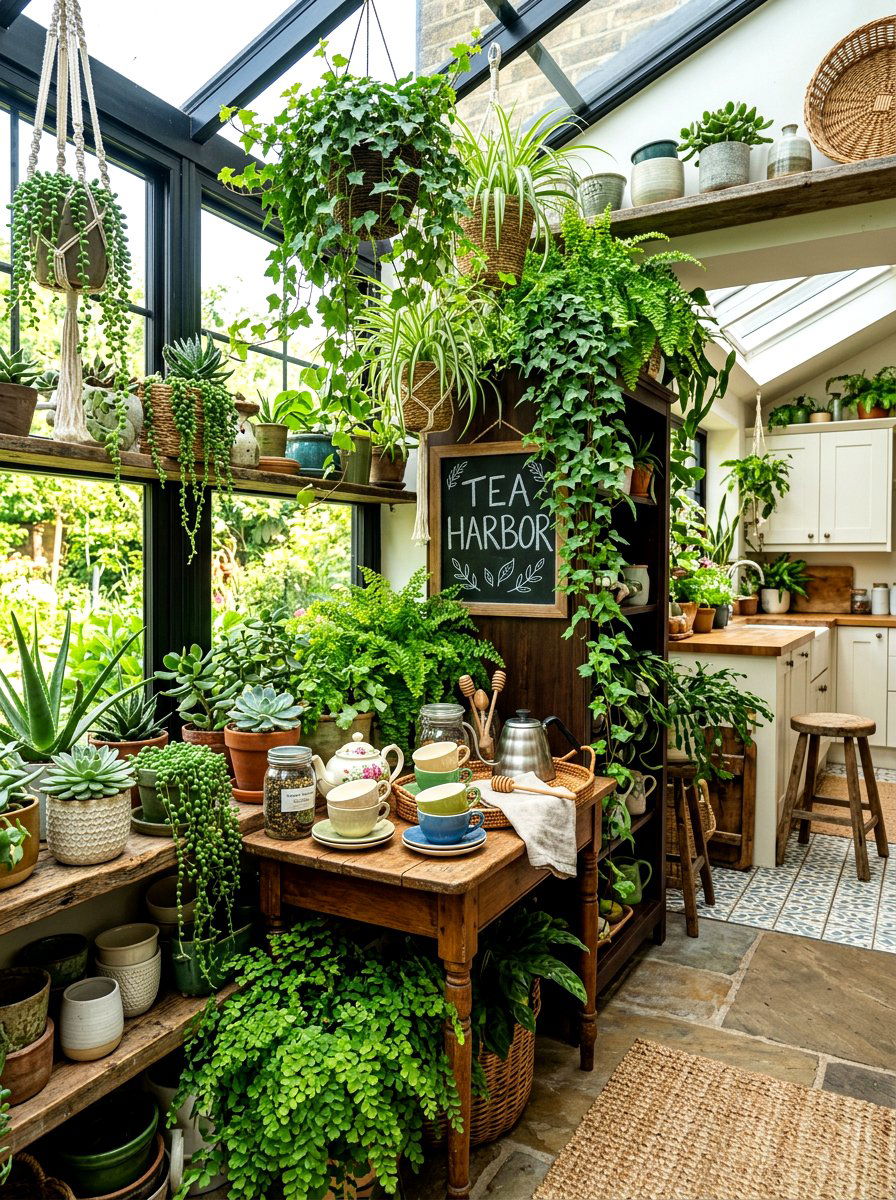 Greenhouse plant filled corner - 30 matcha station ideas