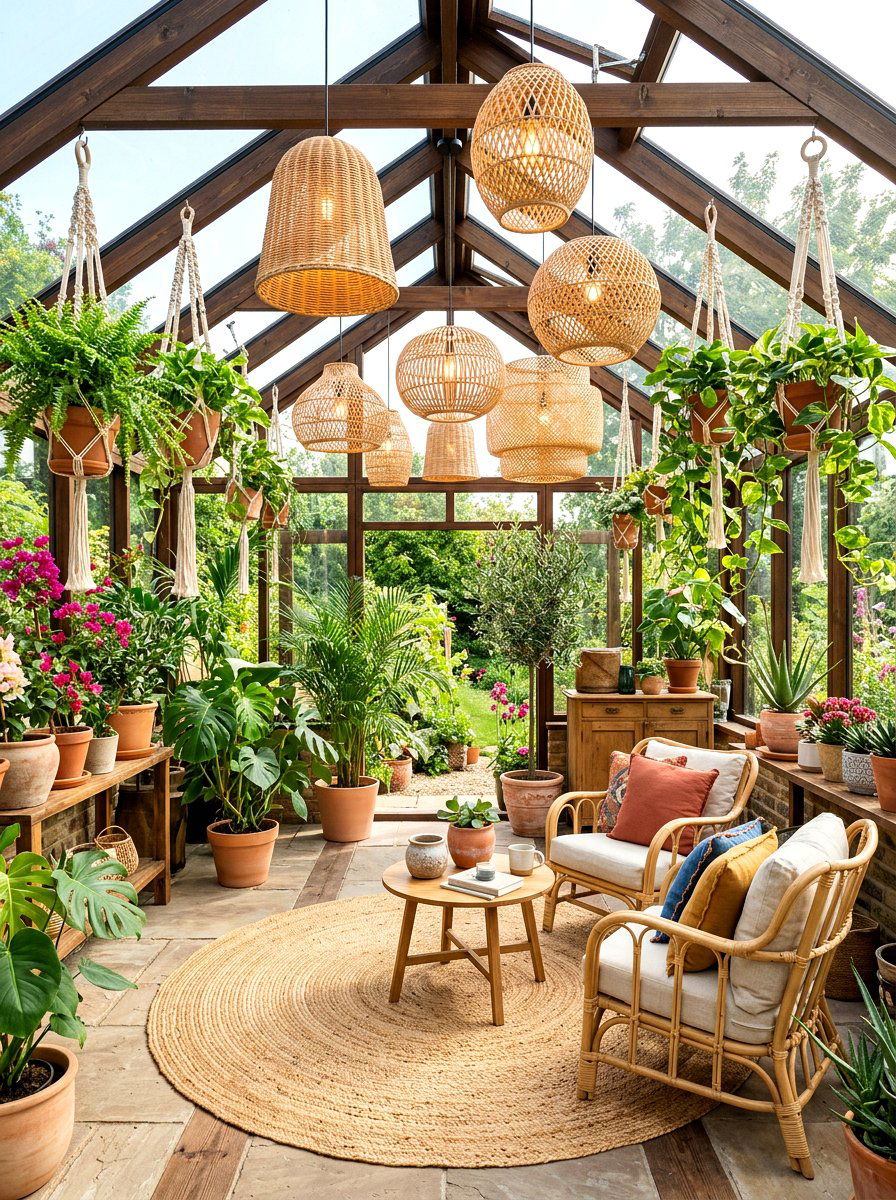 Greenhouse rattan pendants - 30 greenhouse lighting ideas