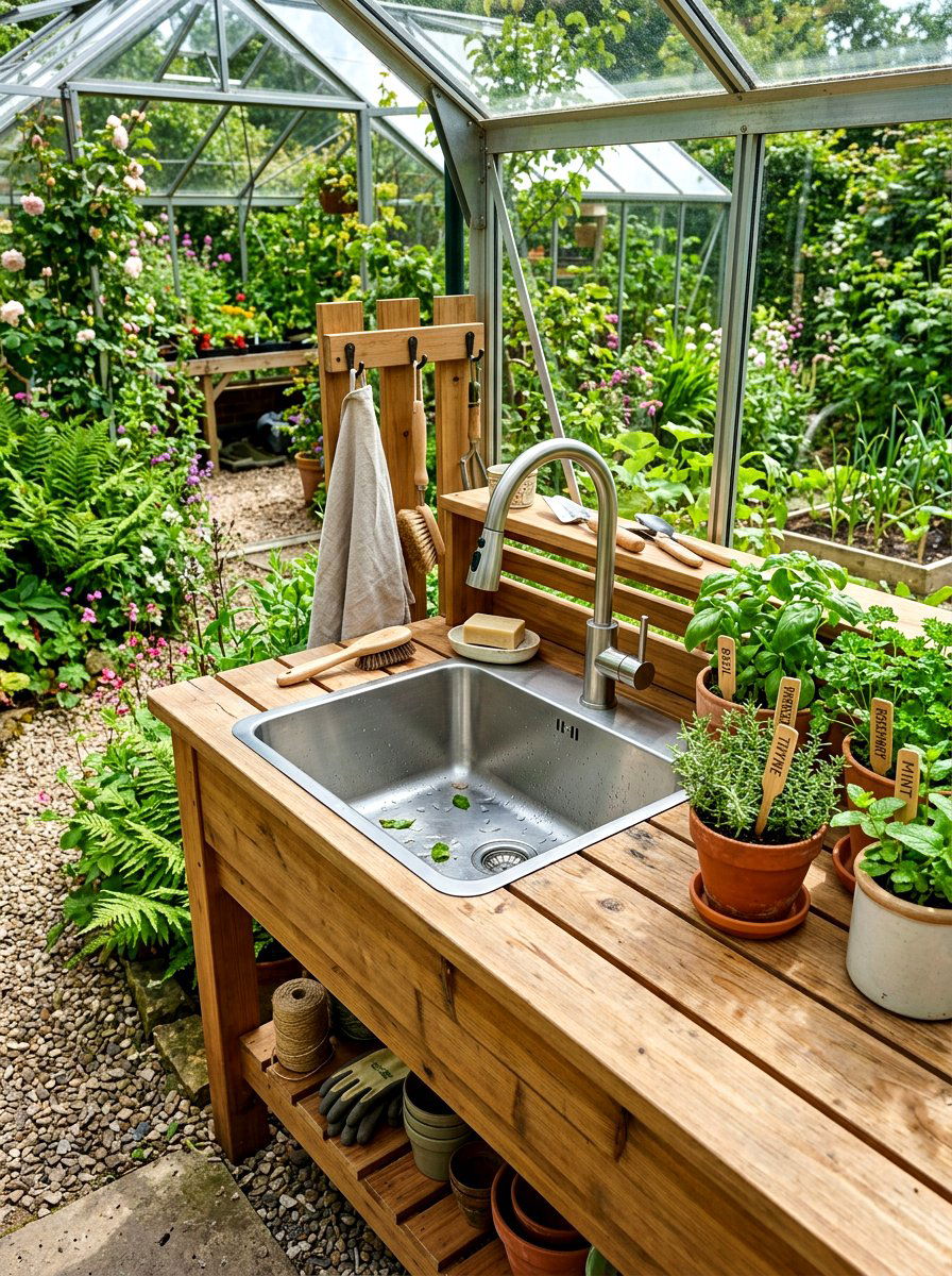 Greenhouse sink station - 30 potting table greenhouse ideas