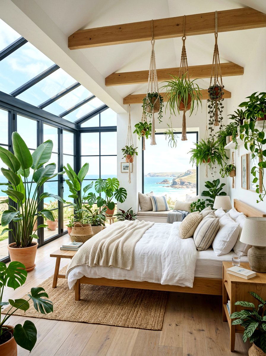 Greenhouse style coastal bedroom with indoor plants - 30 coastal bedroom ideas