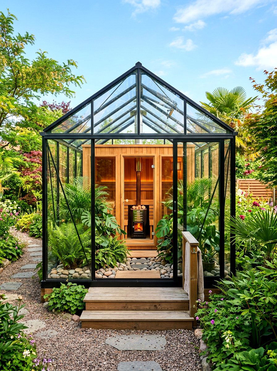 Greenhouse style glass sauna - 30 outdoor sauna backyard ideas aesthetic