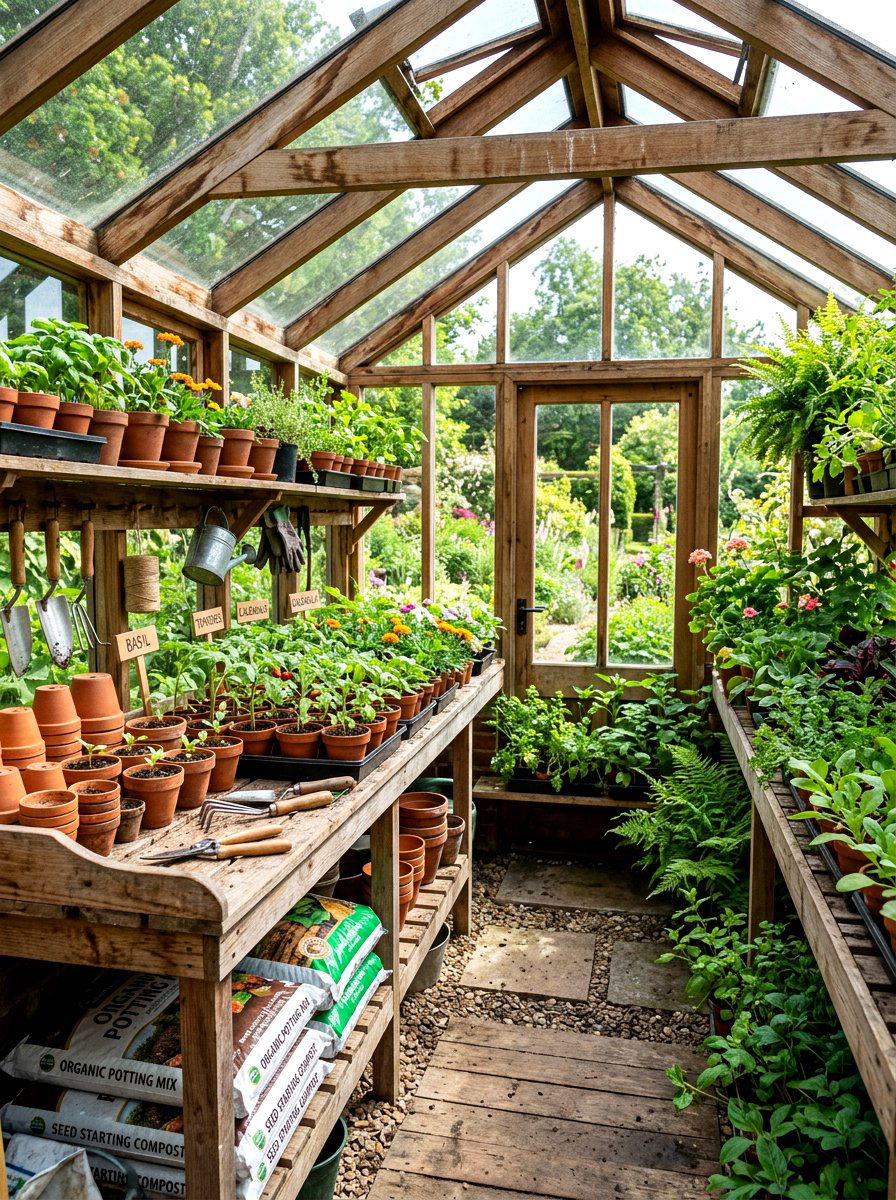 Greenhouse with potting bench - 30 backyard greenhouse ideas