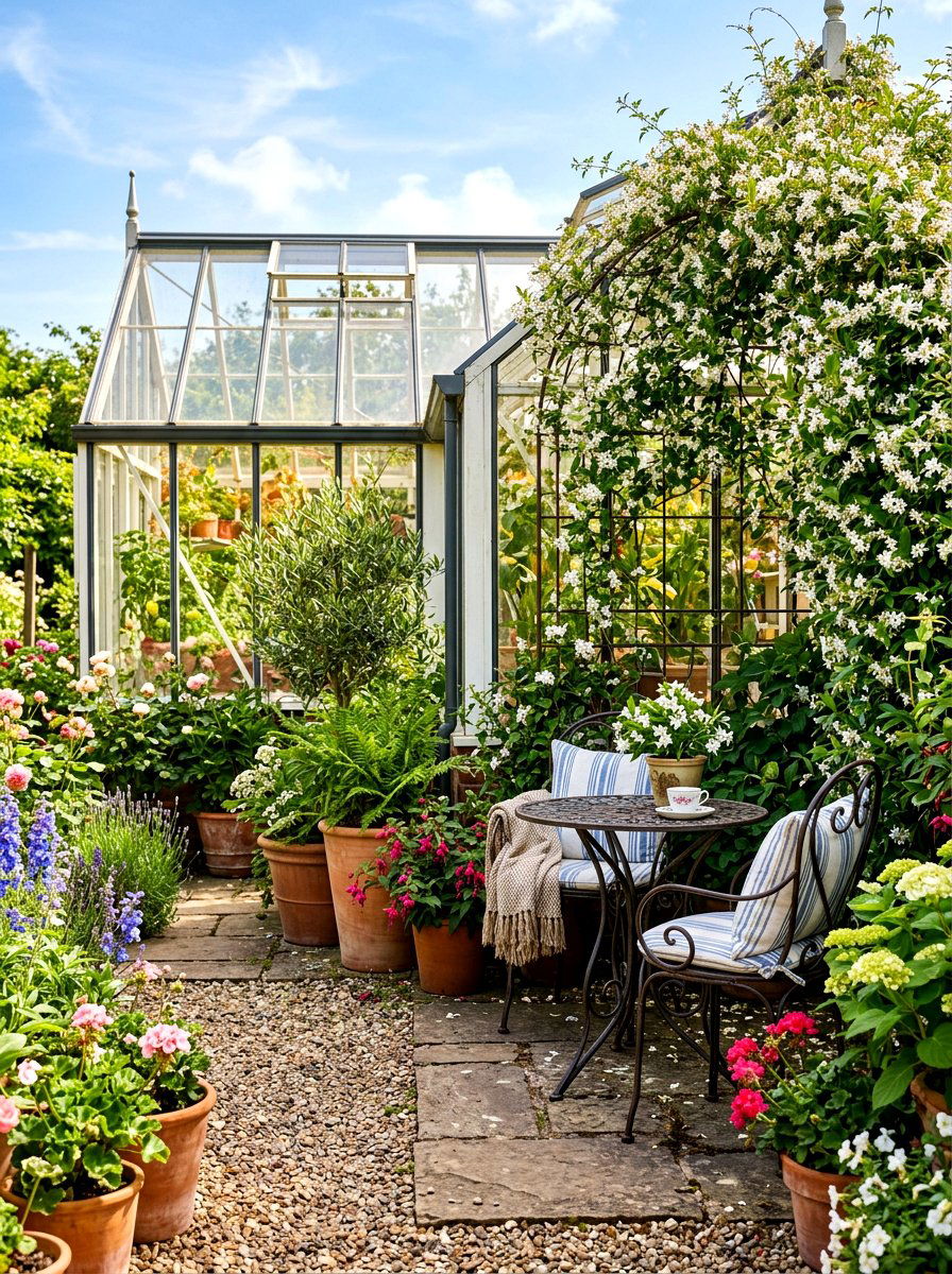 Greenhouse with seating area - 30 backyard greenhouse ideas