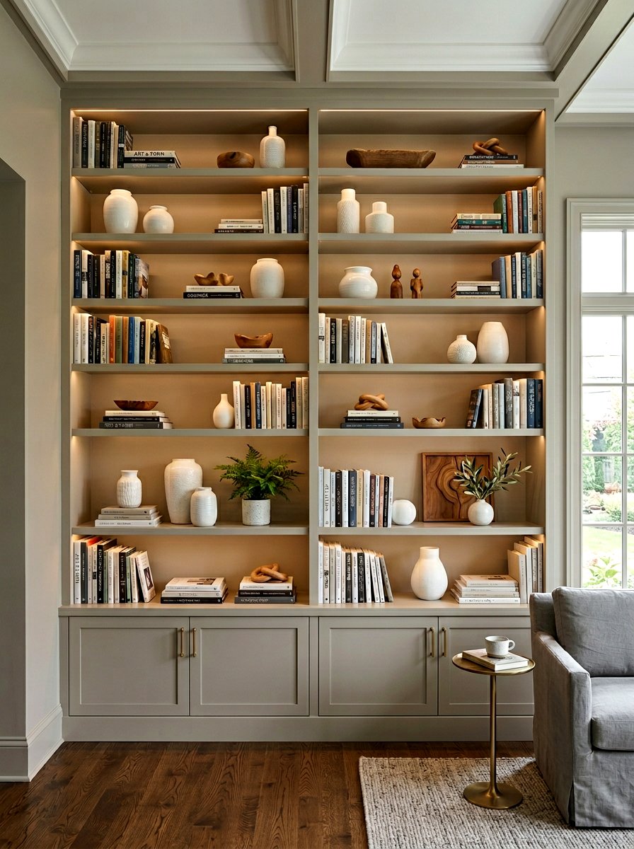 Greige Built In Shelving - 30 greige room ideas