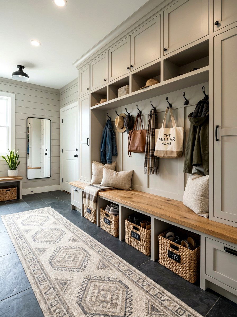 Greige Mudroom Bench - 30 layered neutral decor ideas