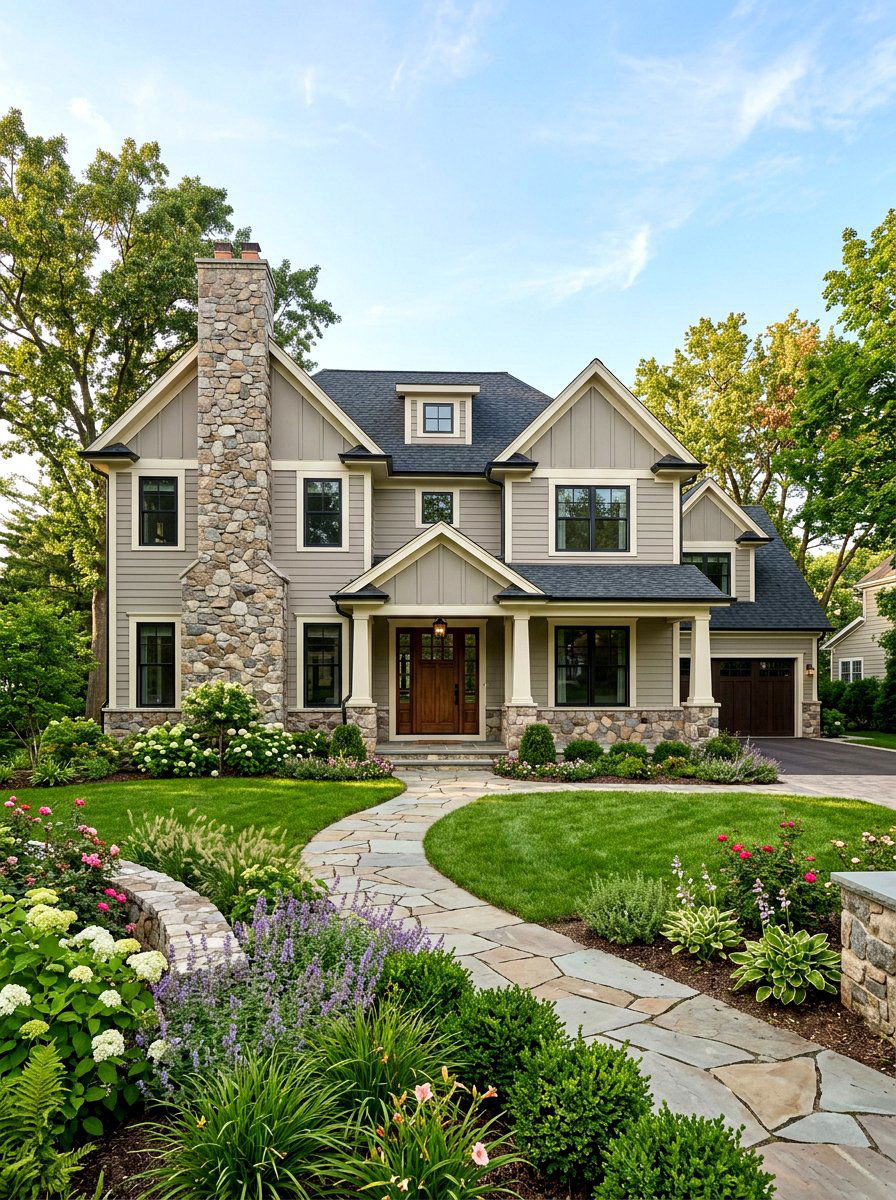 Greige Siding With Natural Stone Accents - 30 gray house exterior ideas