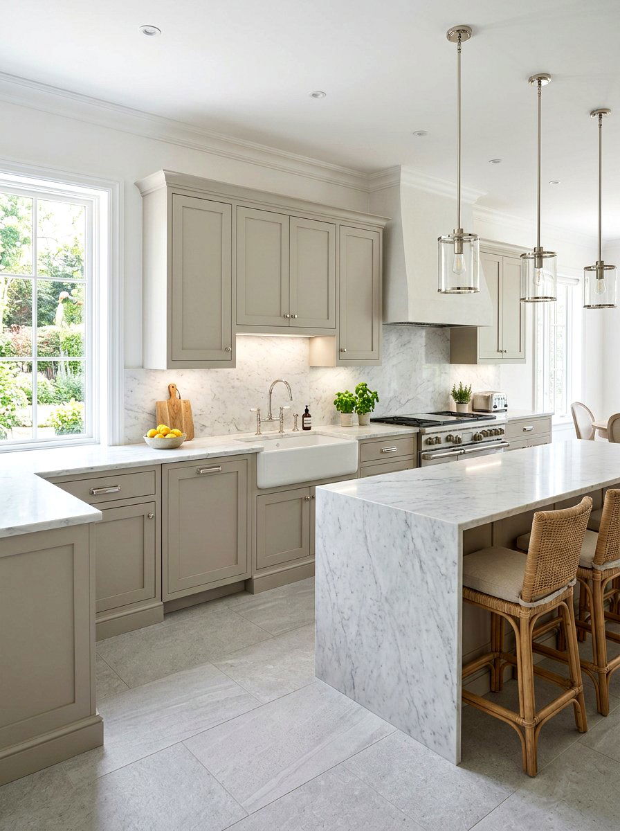 Greige kitchen cabinets with marble - 30 kitchen paint cabinet combo ideas