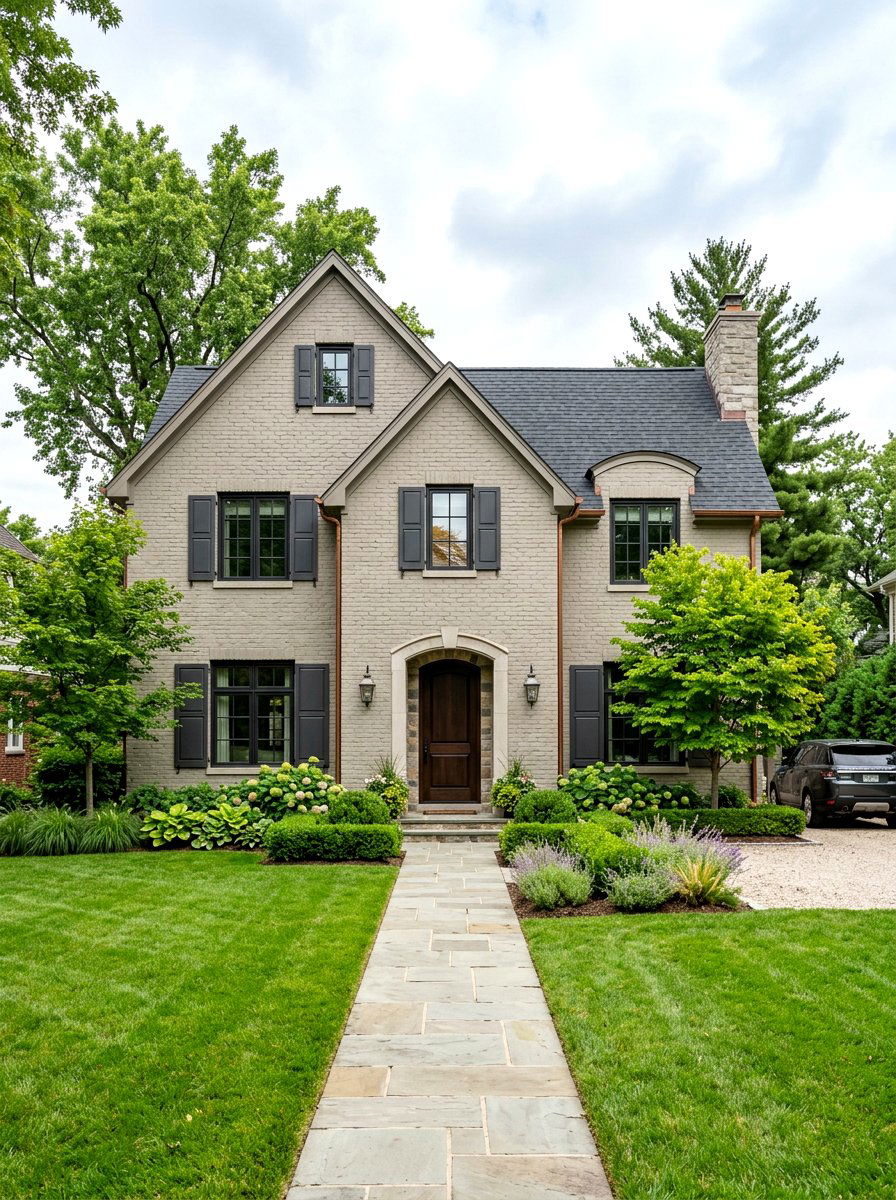 Greige painted brick house - 30 painted brick house ideas