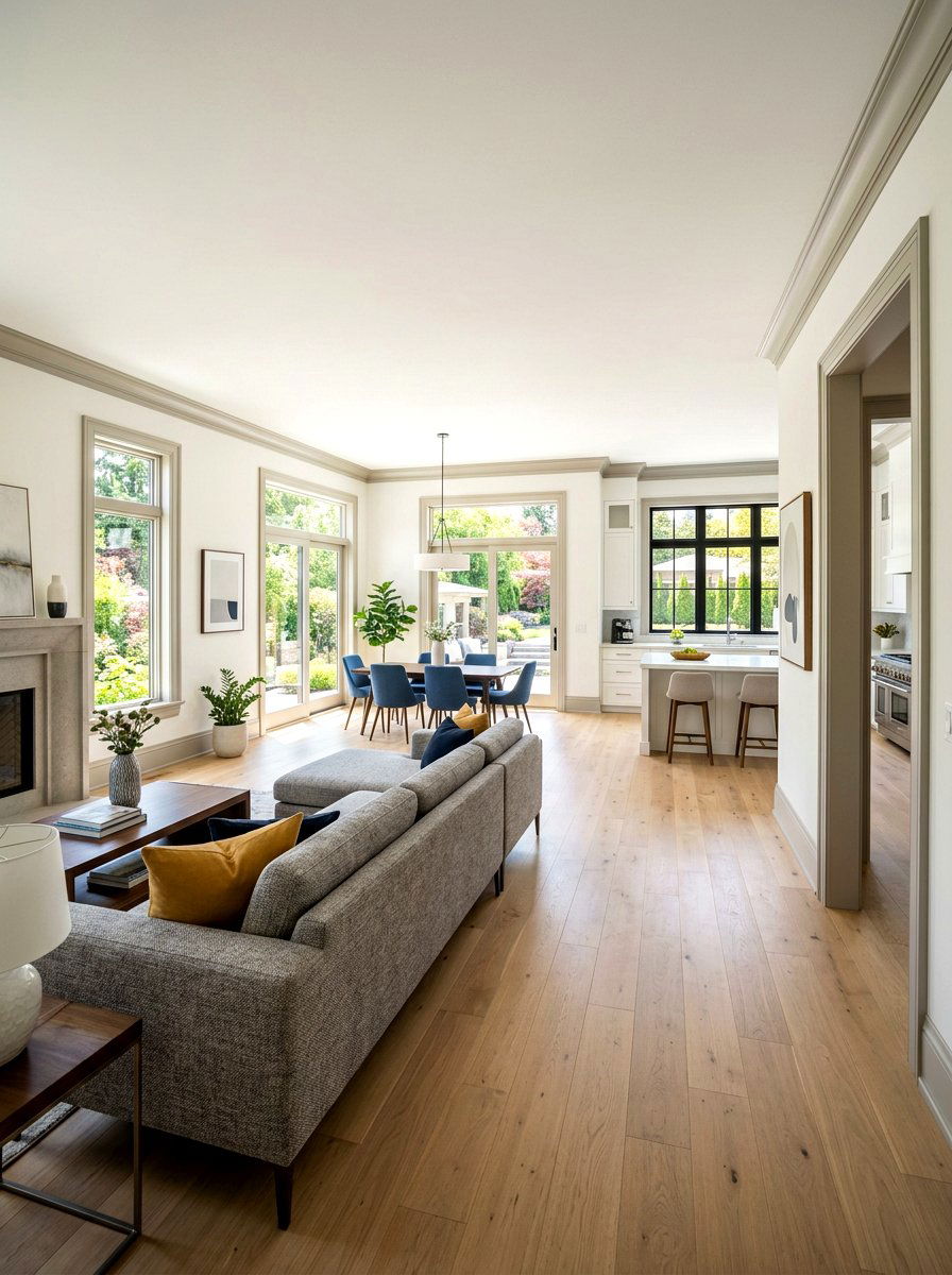 Greige trim open concept home - 30 painted trim room ideas