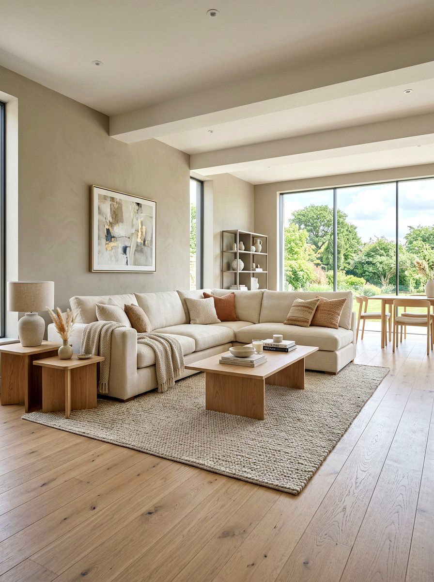 Greige walls and oak flooring - 30 warm gray and wood living room ideas