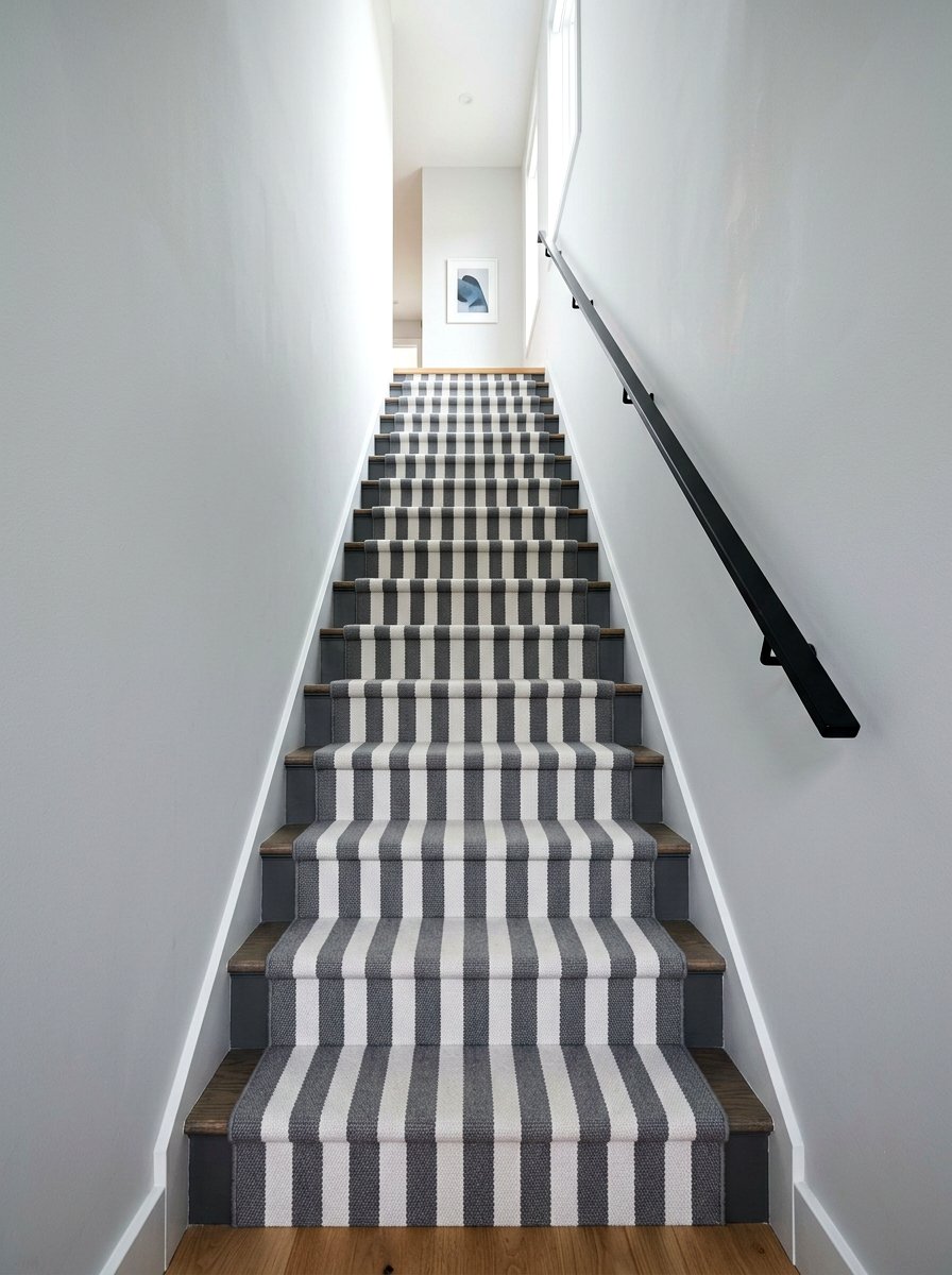 Grey And White Horizontal Stripe Stair Runner - 30 stair runner stripe ideas