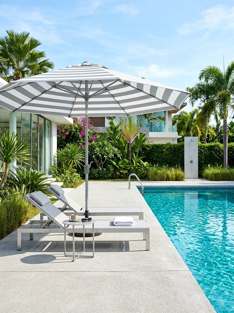 Grey And White Striped Pool Umbrella - 30 poolside striped umbrellas ideas