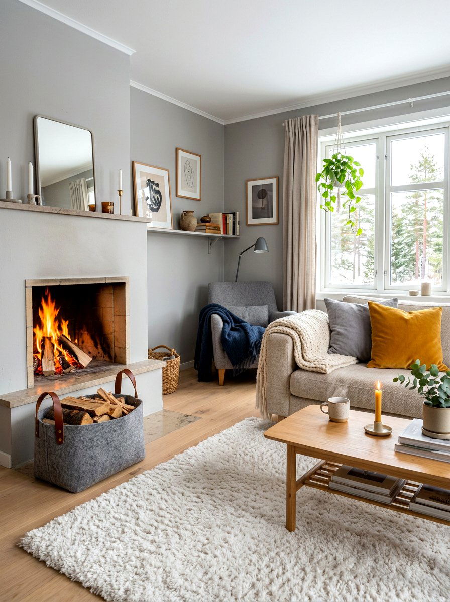 Grey Felted Wool Wood Basket - 30 fireplace wood basket ideas