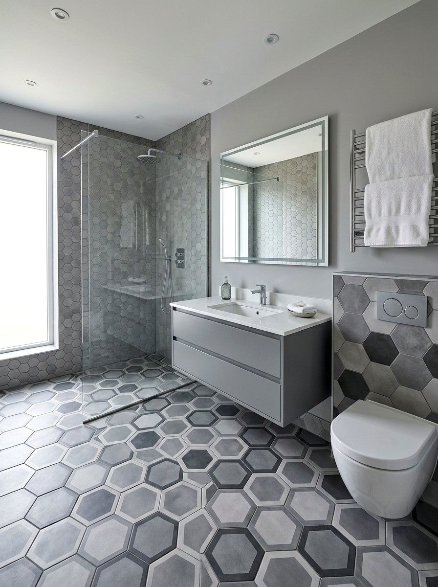 Grey Hexagon Tile Bathroom - 30 hex tile bathroom ideas