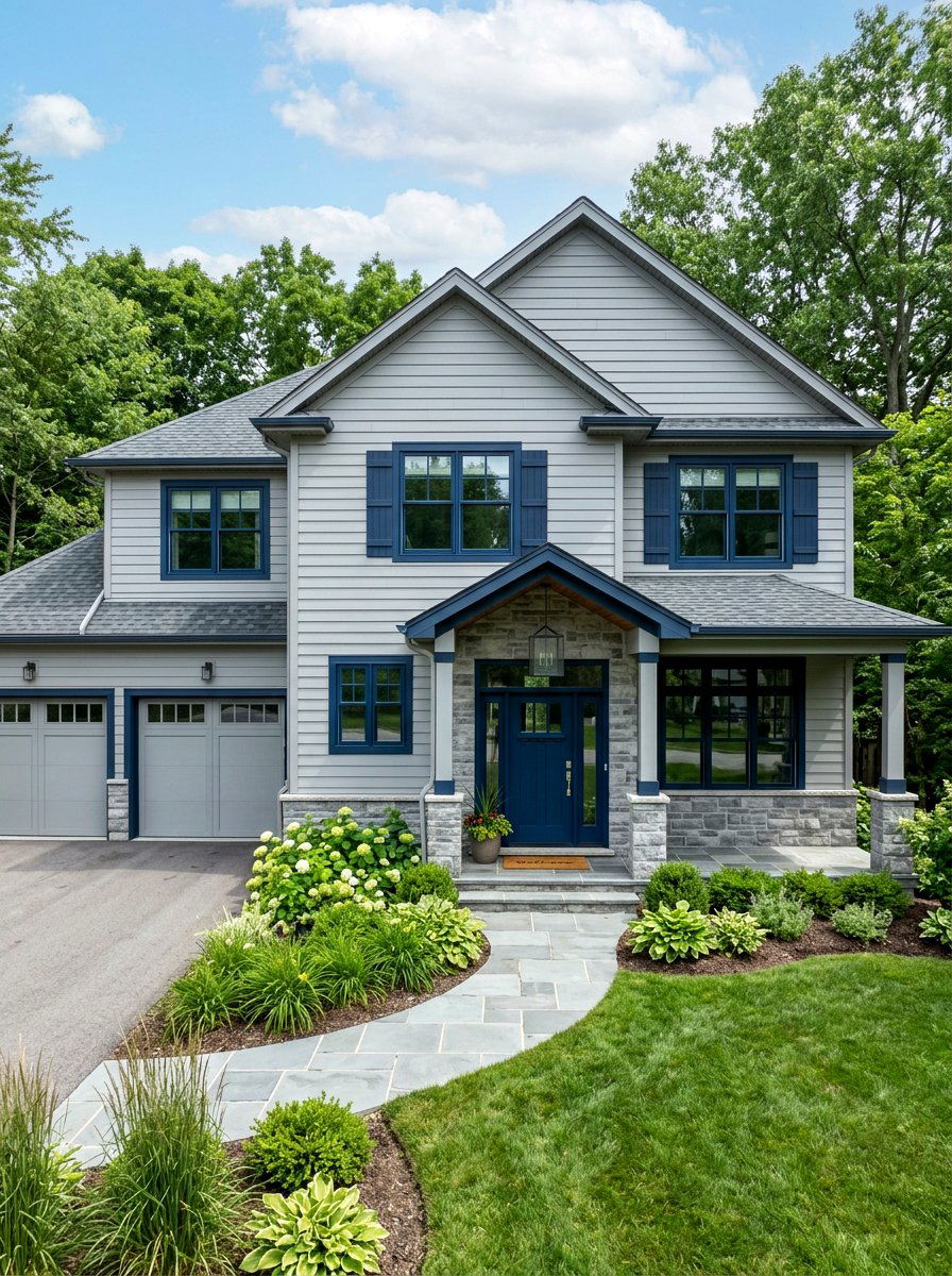 Grey House Dark Blue Trim - 30 house trim color ideas