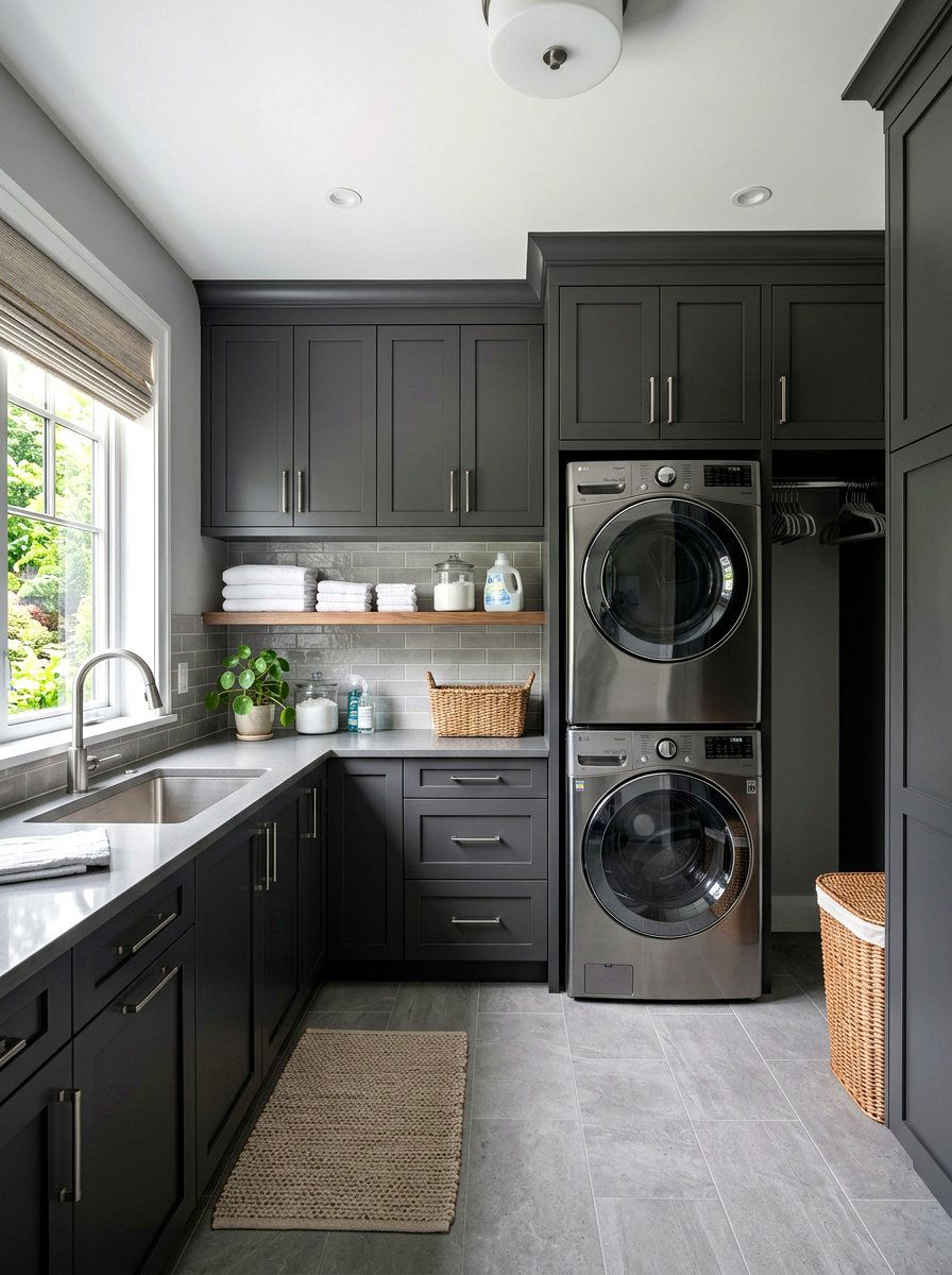 Grey Laundry Room Cabinetry - 30 stacked washer dryer ideas