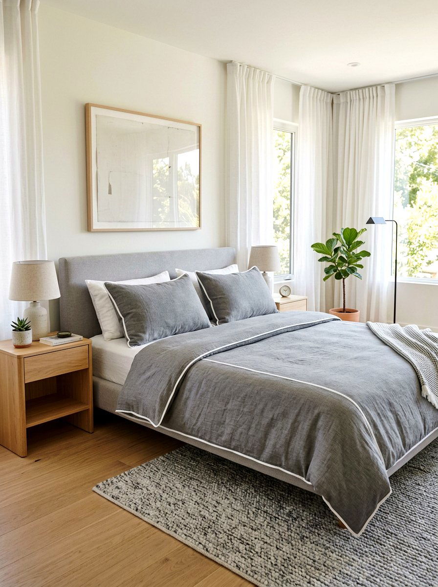 Grey Linen Bedding With White Piping - 30 piped bedding bedroom ideas