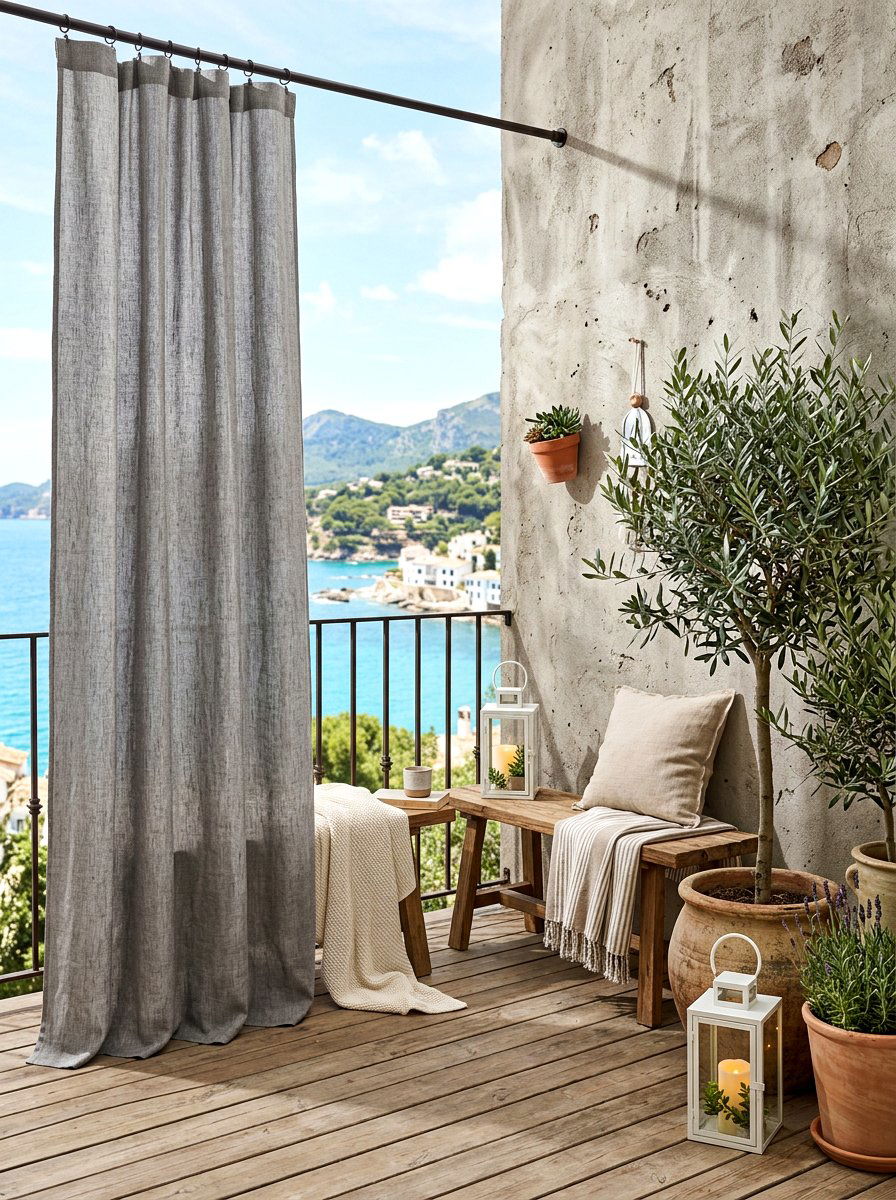 Grey Linen Look Outdoor Curtains - 30 balcony privacy curtain ideas
