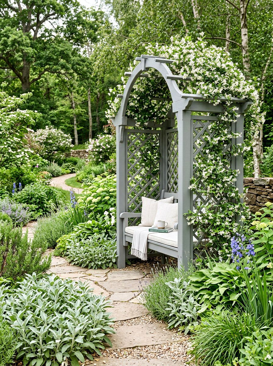 Grey Painted Arbor - 30 arbor bench ideas