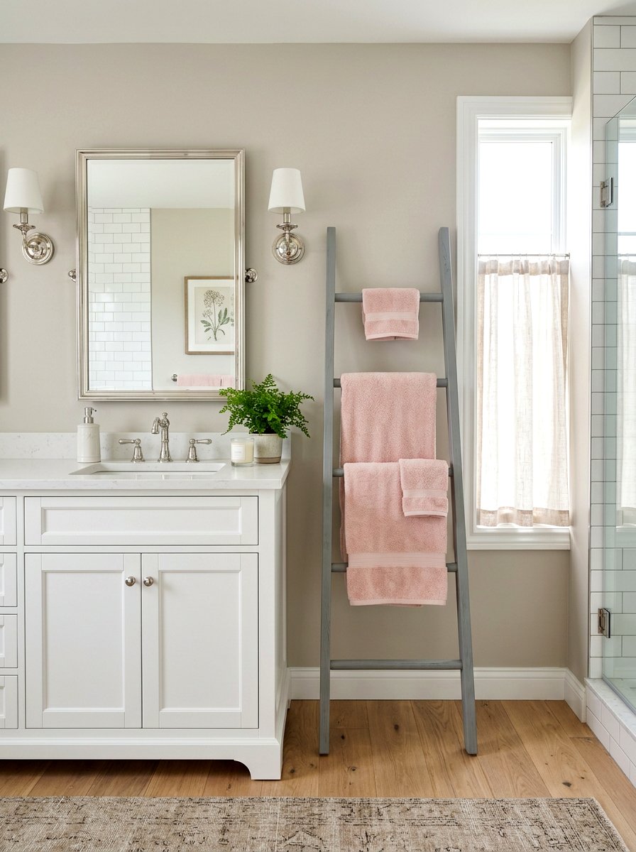 Grey Painted Towel Ladder - 30 towel ladder ideas