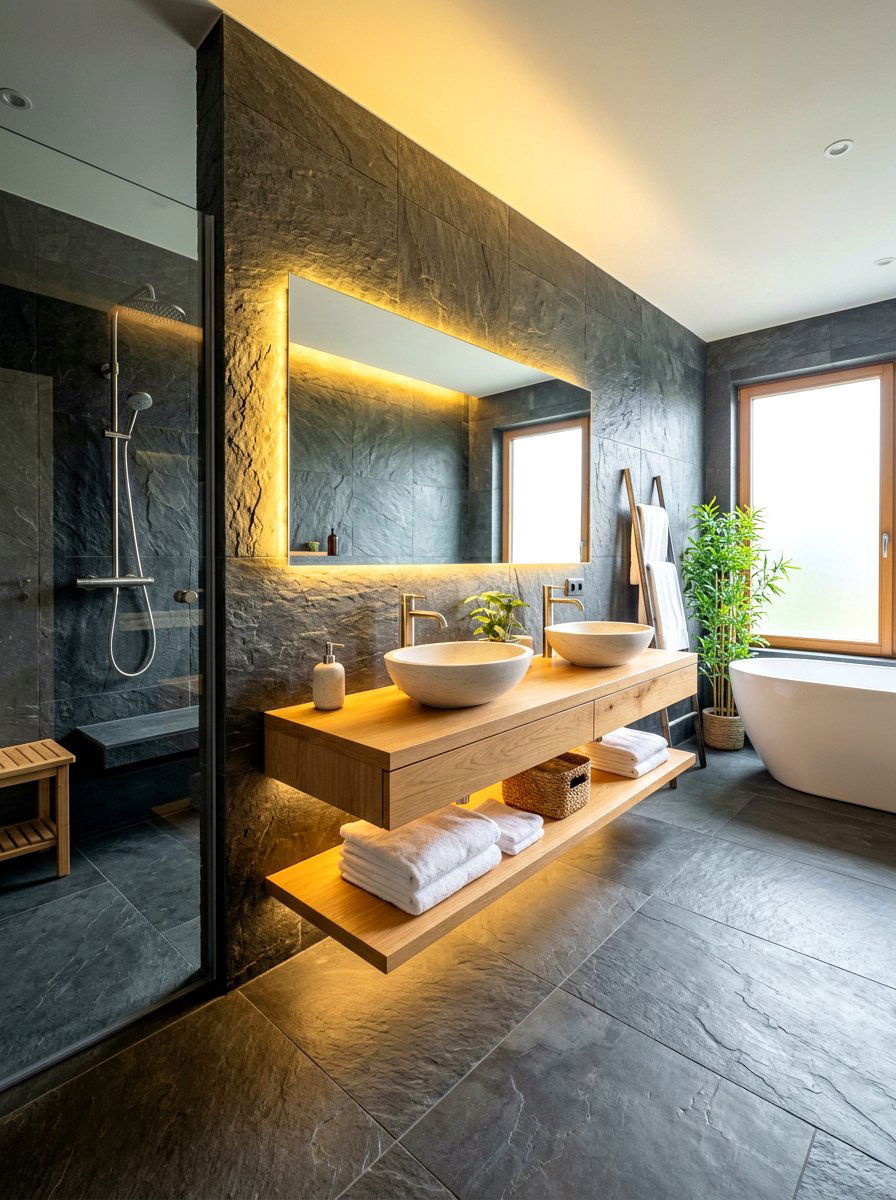 Grey Slate Bathroom - 30 floor to ceiling tile bathroom ideas