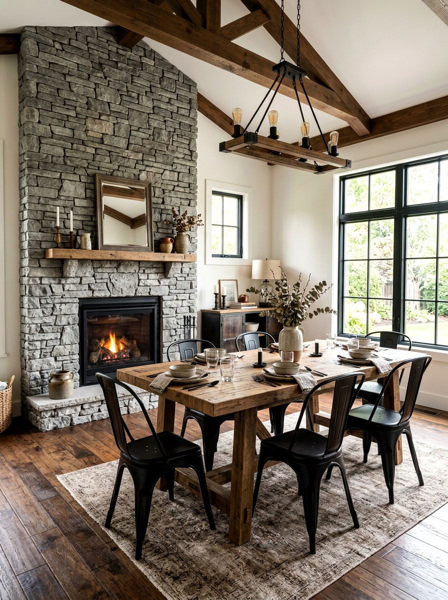 Grey Stacked Stone Fireplace - 30 dining room fireplace wall ideas