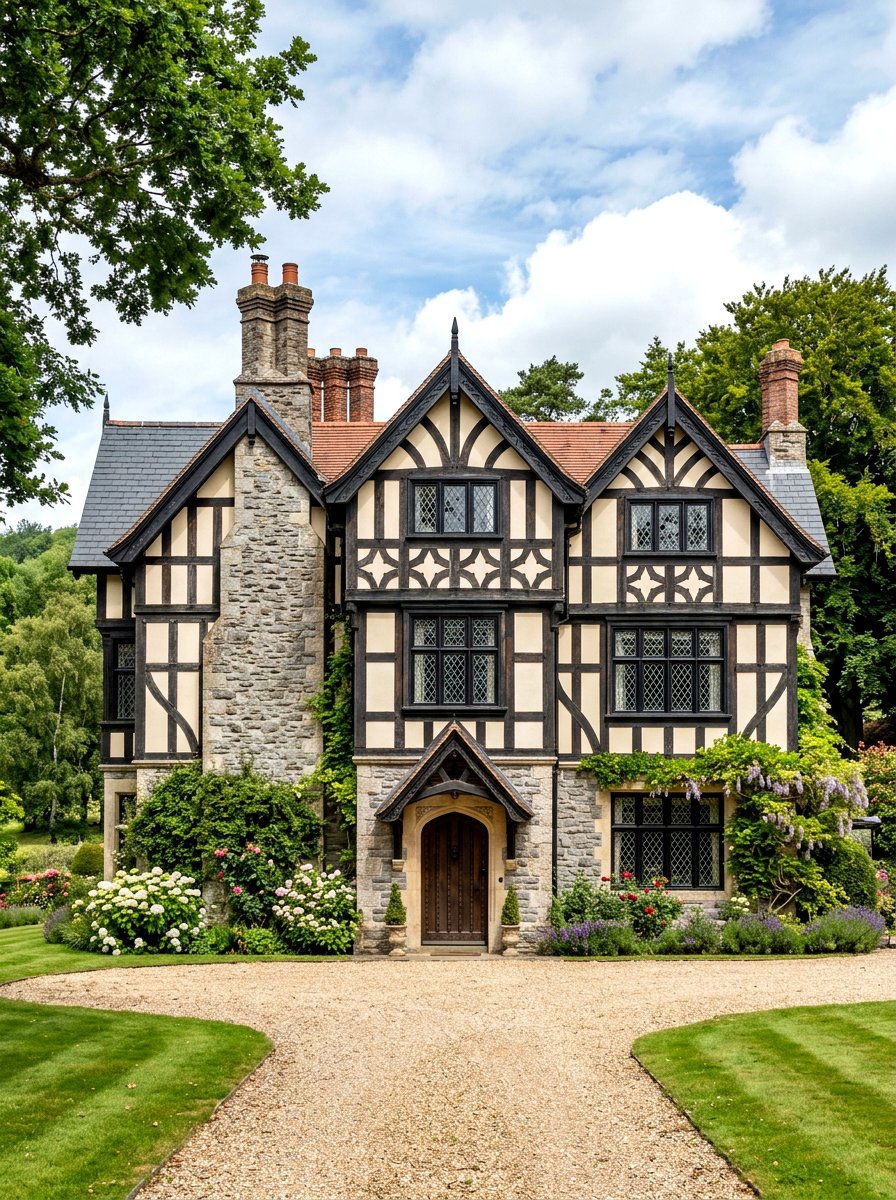 Grey Stone Tudor House - 30 black bronze window exterior ideas