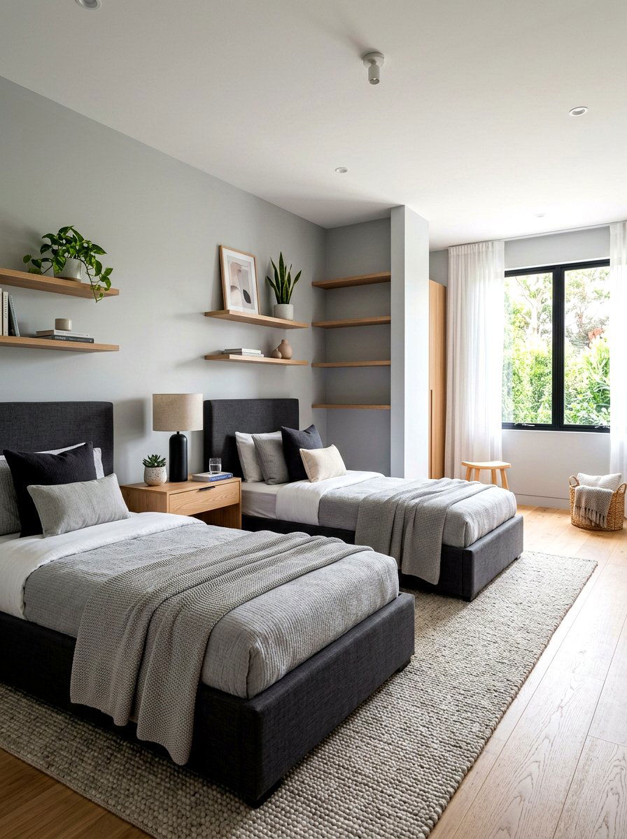 Grey and Wood Shared Space - 30 boys shared bedroom ideas