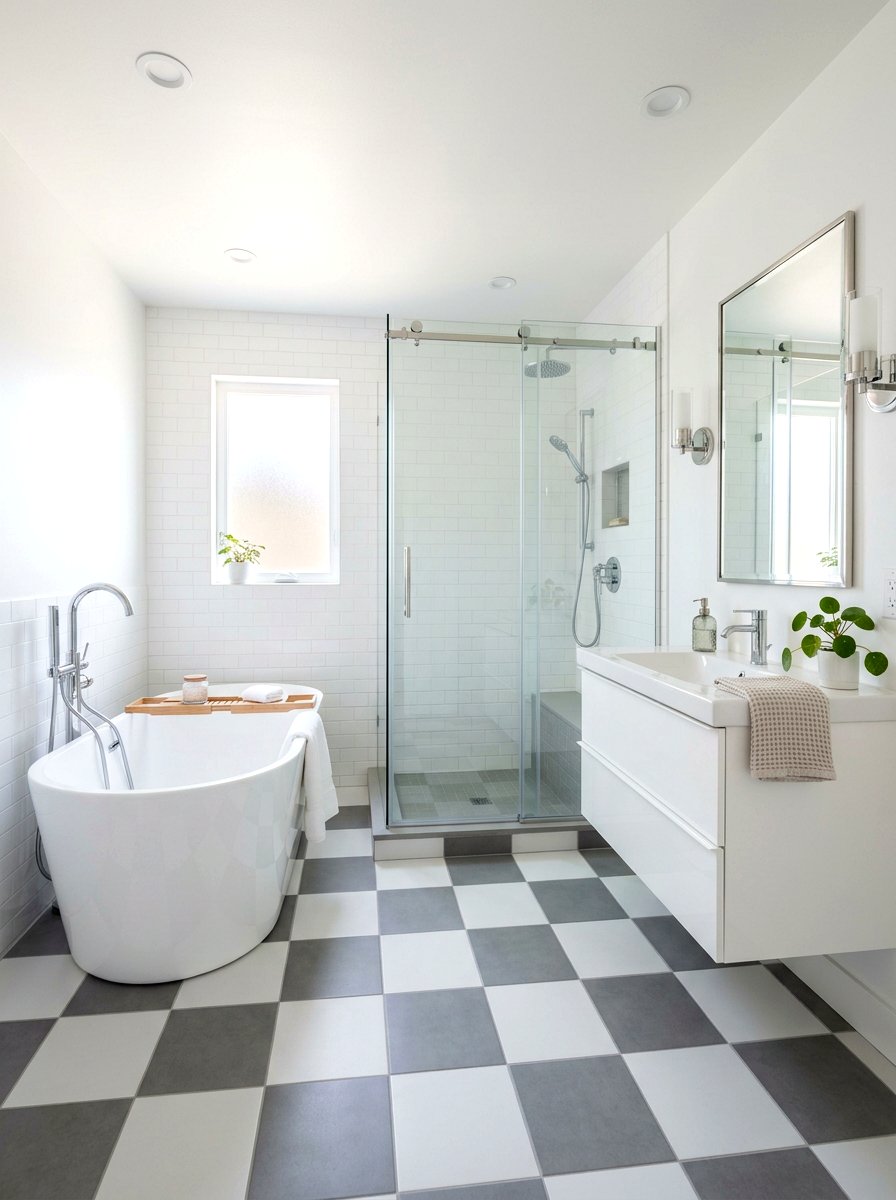 Grey and white checkerboard bathroom - 30 peel and stick checkerboard floor ideas