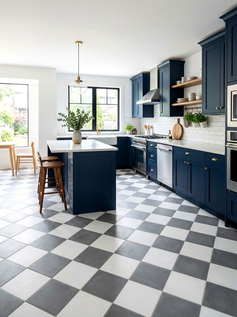 Grey and white checkerboard flooring - 30 checkerboard kitchen tile ideas