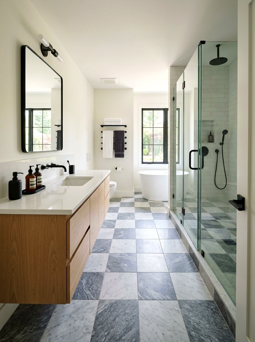 Grey and white stone bathroom floor - 30 checkerboard bath floor ideas