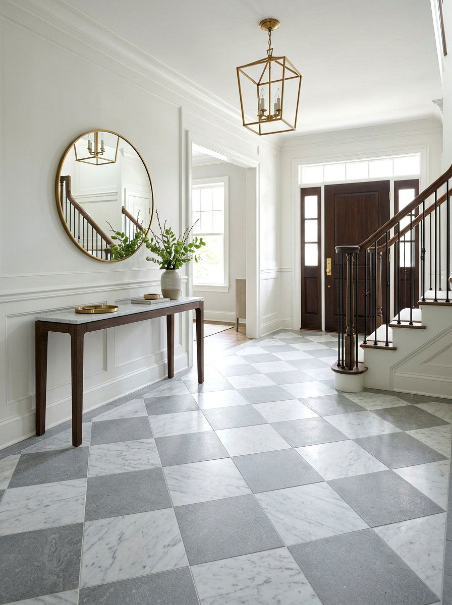 Grey and white stone foyer - 30 checkerboard foyer floor ideas