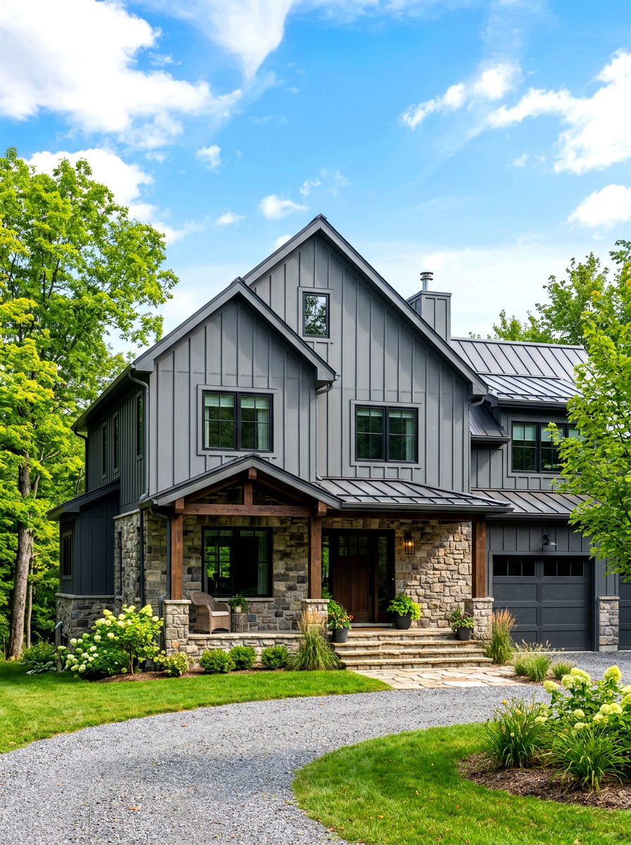 Grey board and batten with stone - 30 board and batten exterior trim ideas