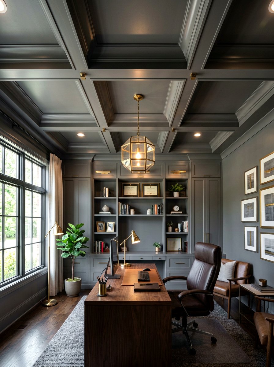Grey coffered ceiling home office - 30 coffered ceiling ideas